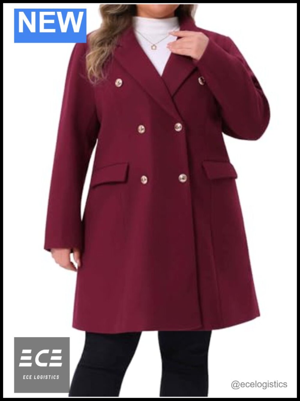 Plus Size Long Pea Coat Notch Lapel Double Breasted Winter Trench Coat